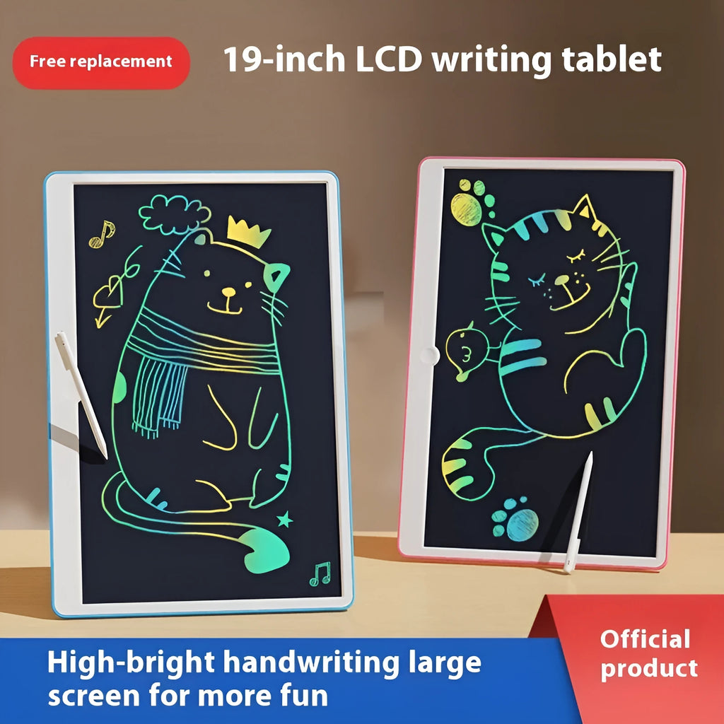 19-inch blue and white LCD children's drawing board with stylus on a pink background.