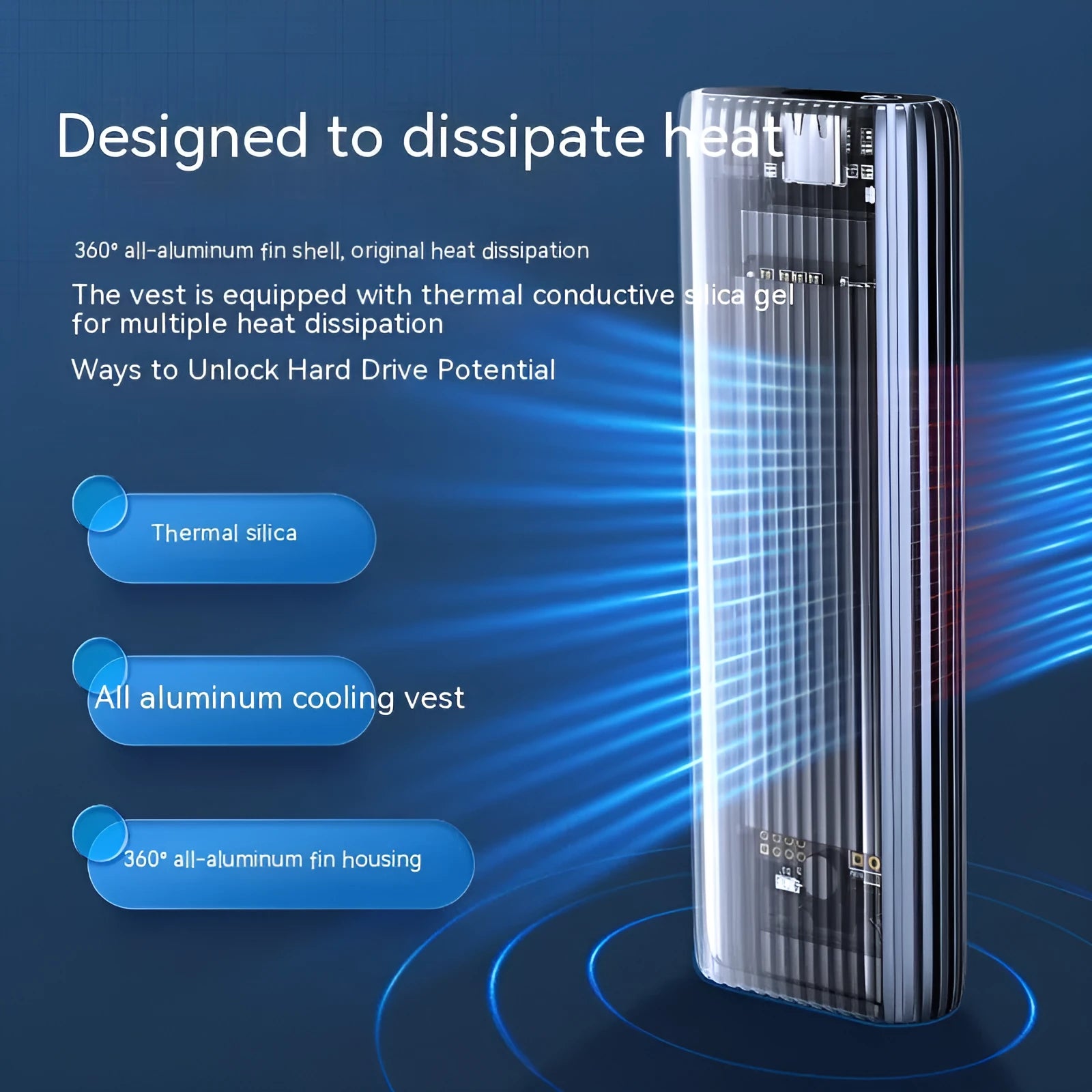 Aluminium alloy M.2 NVMe SATA external SSD enclosure with USB-C cable and heat dissipation vest