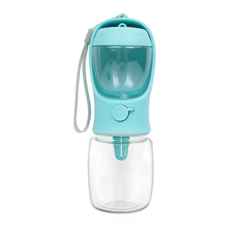Portable blue dog water bottle with integrated drinking bowl showing split water grain design