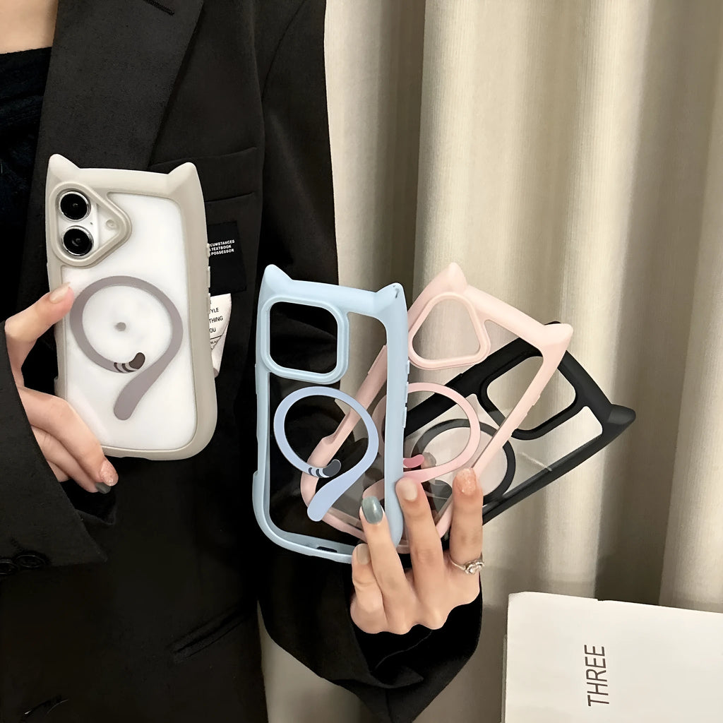Clear acrylic TPU magnetic phone case for iPhone 17 series showing black, blue, grey and pink colour options