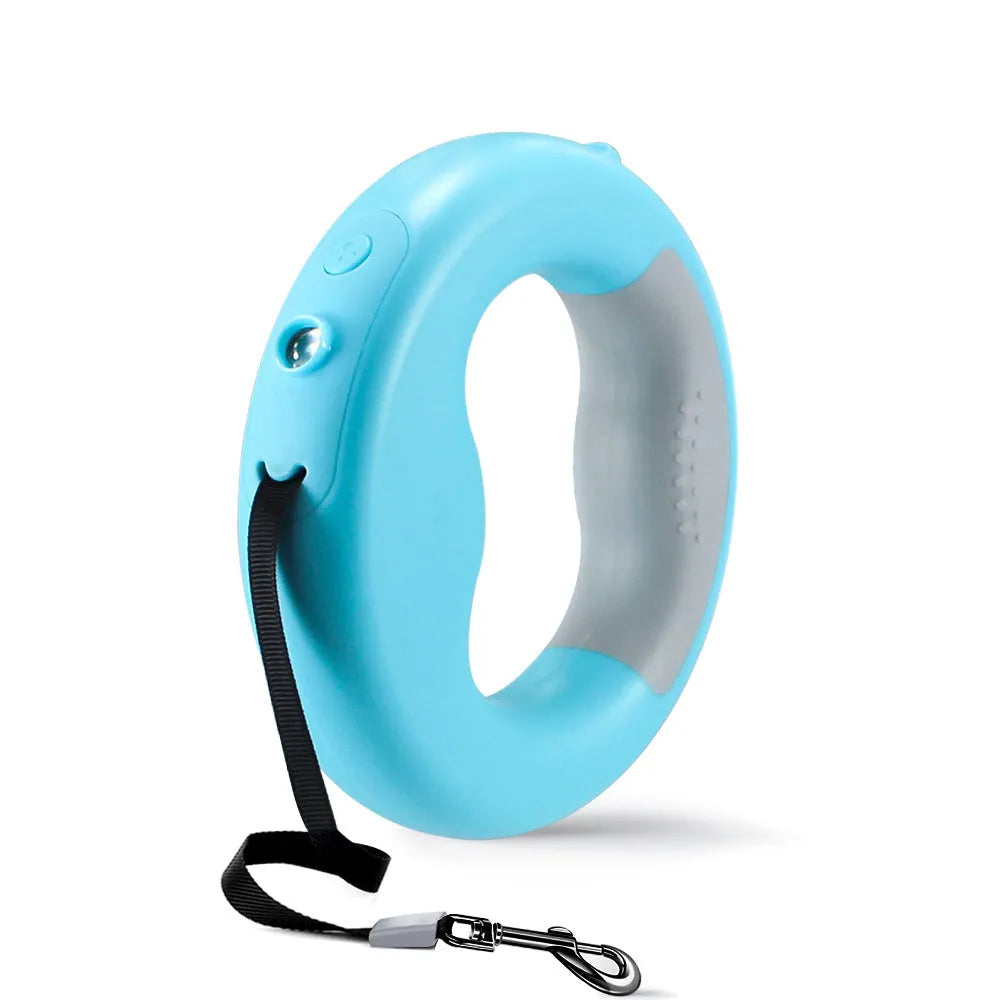 Luminous automatic telescopic dog rope with ABS housing, USB charging, pink colour option on white background