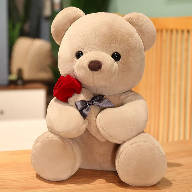 Rose bear plush teddy doll in beige, brown, or grey with soft short plush fabric