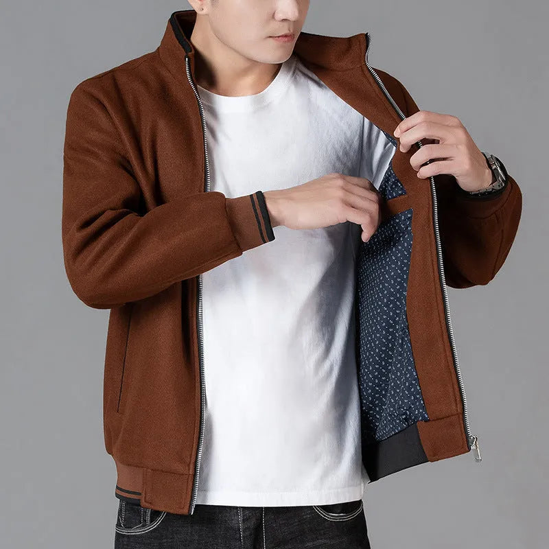 Men's autumn wool fleece jacket in sports style with long sleeves shown in grey colour