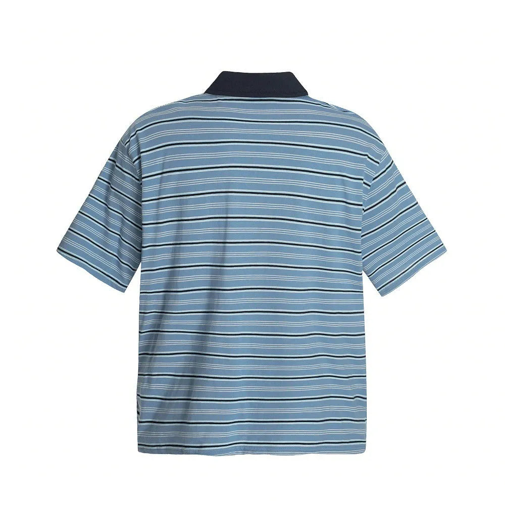 Blue stripe vintage cotton polo shirt with short sleeves and loose fit design