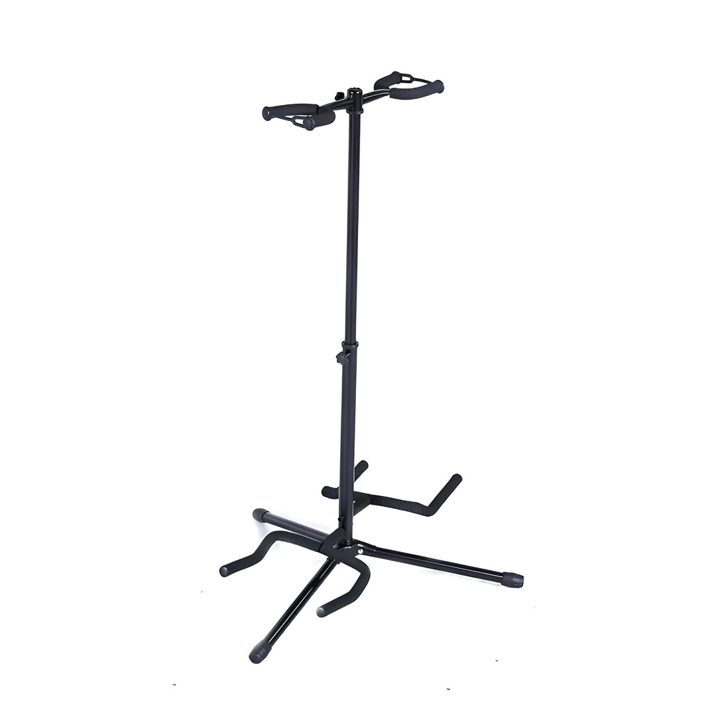 Black vertical double-headed adjustable guitar stand holding two instruments