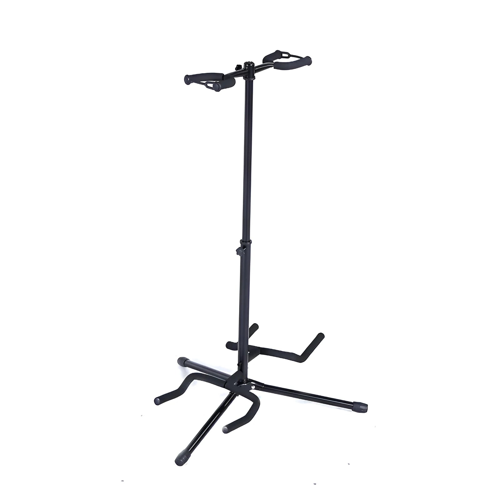 Black vertical double-headed adjustable guitar stand holding two instruments
