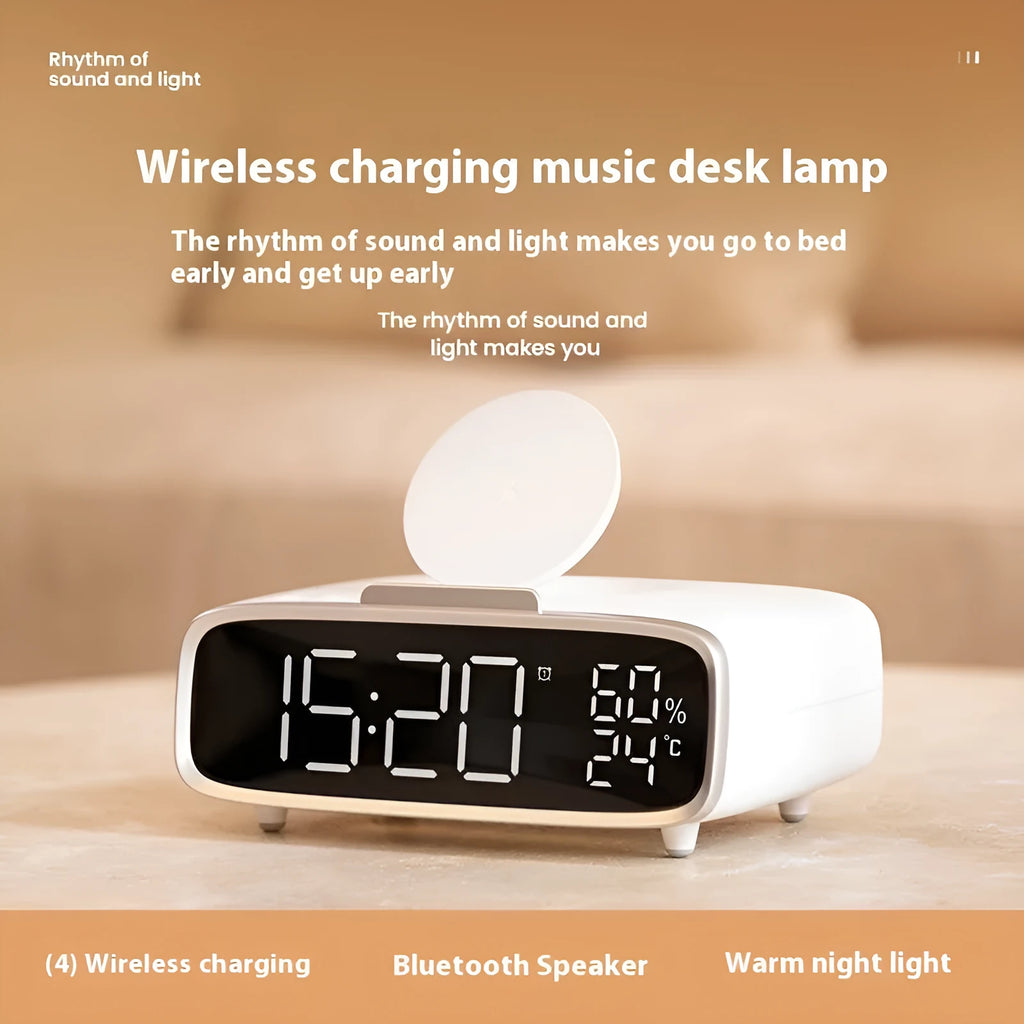 White 3-in-1 wireless charging pad with integrated Bluetooth speaker and soft-glow night light.