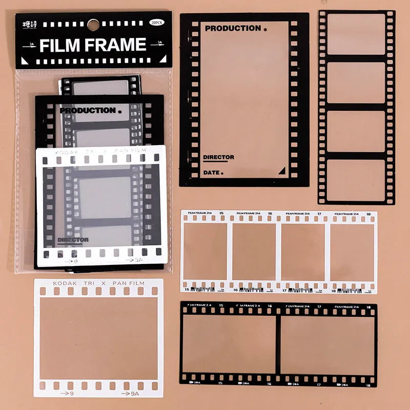 Retro film journal sticker pack with 15 transparent sheets showing six frame designs