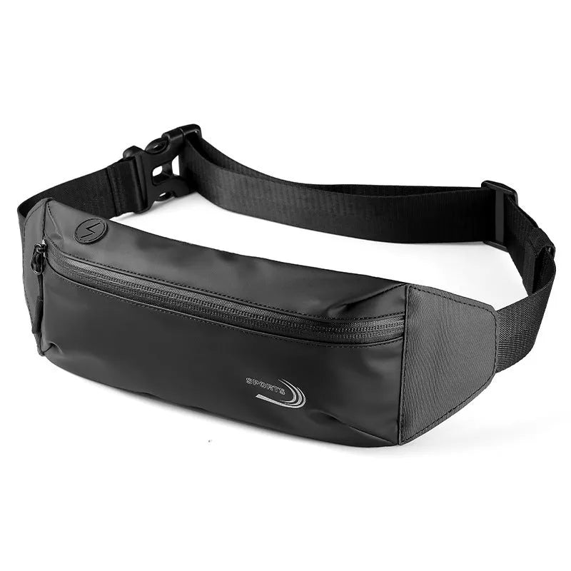 A man's waterproof polyester waist bag in a solid colour, shown with its compact dimensions.