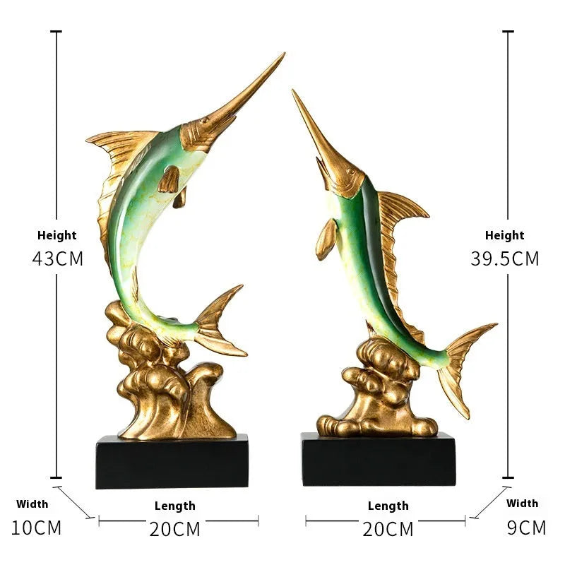 European stylised swordfish resin and plastic decorative ornament on a shelf.