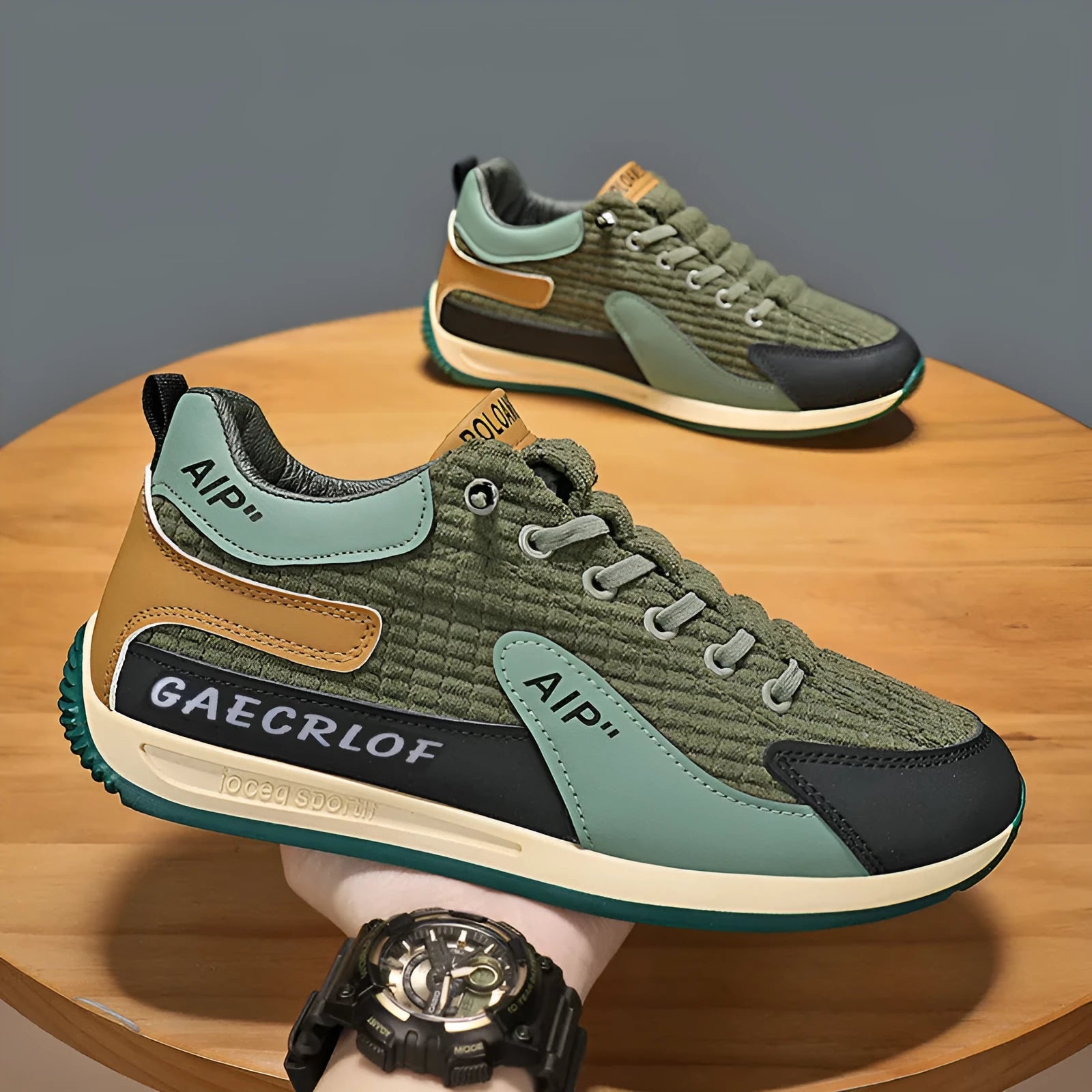 Men's green and grey mesh running shoes with viscose soles and lace-up fastening