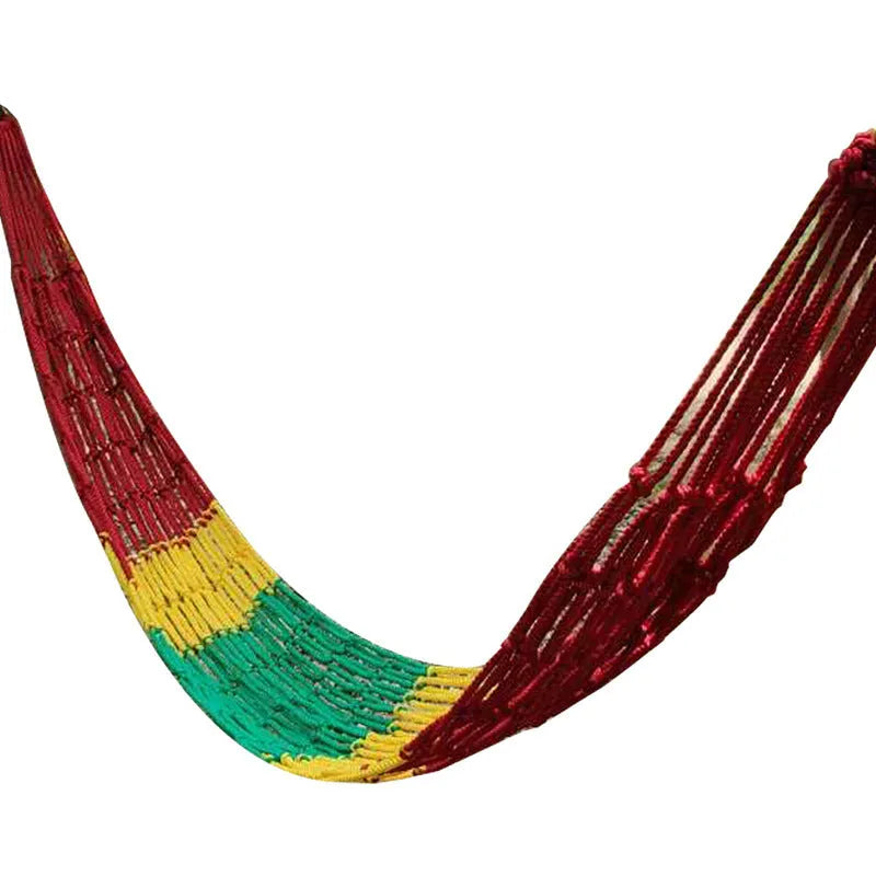 Nylon rope mesh hammock hung between trees showing open weave pattern and included tying ropes
