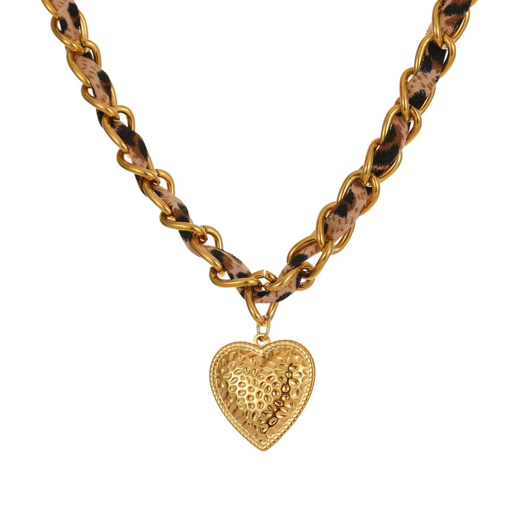 Geometric leopard and love pendant necklace on adjustable stainless steel chain with 18K electroplating