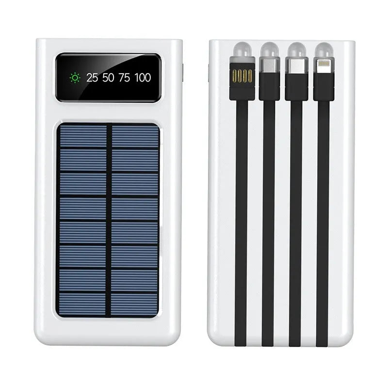 Black and white solar power bank with USB port and 20000mAh capacity for mobile phones