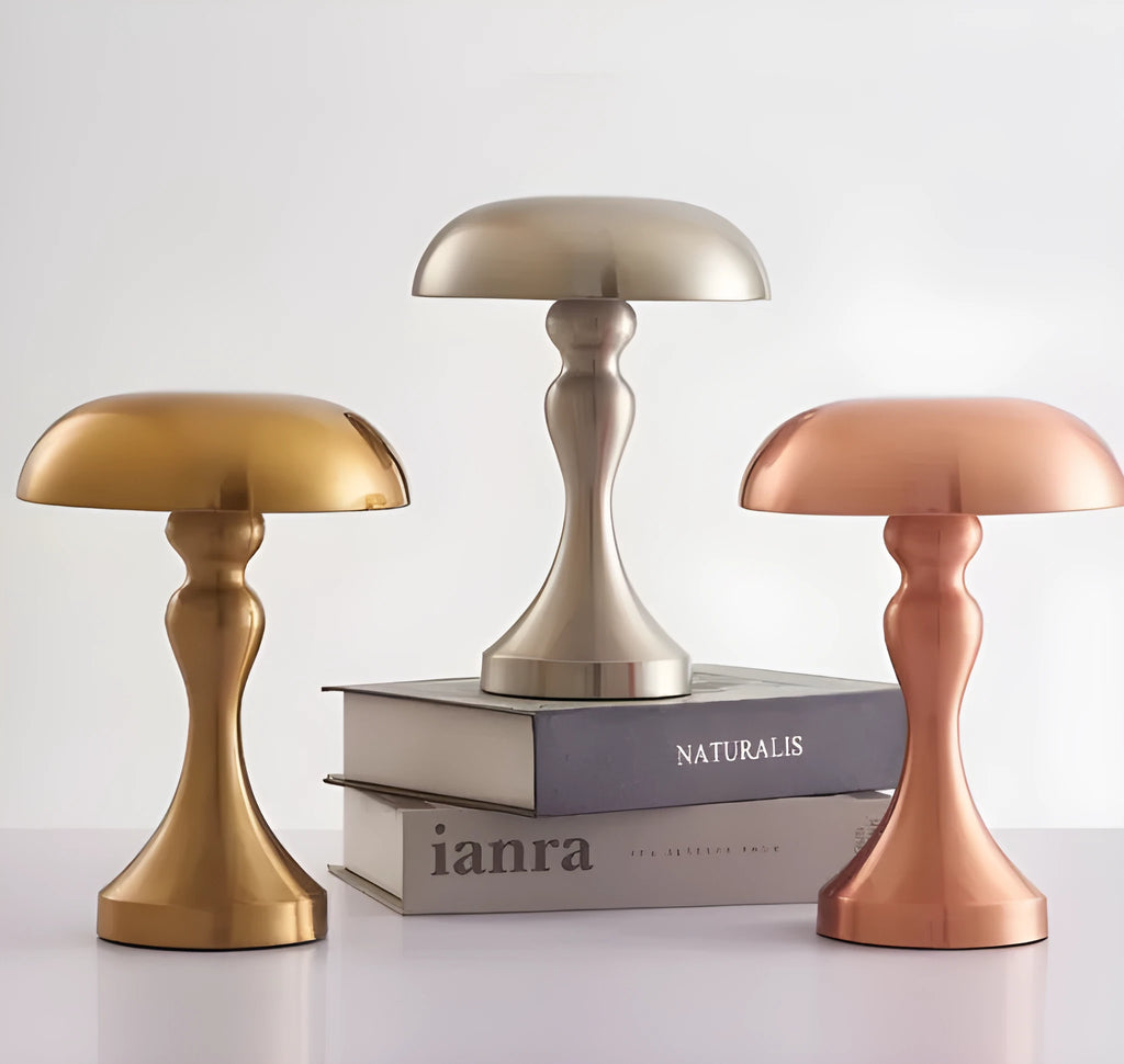 Metallic rechargeable LED desk lamp with touch control showing three colour temperature options