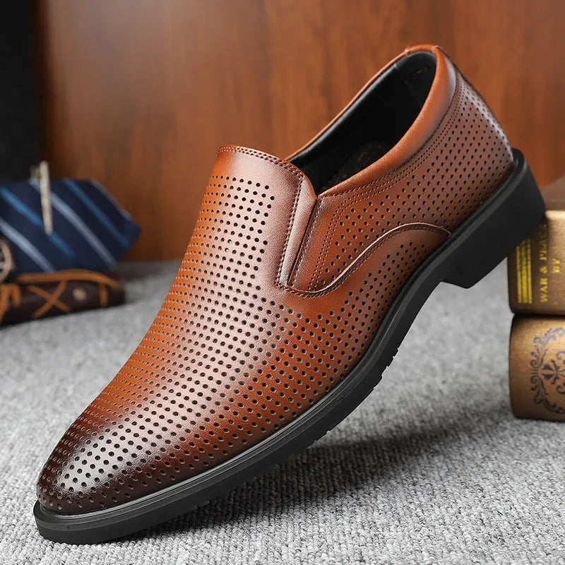 Men's black business casual slip-on leather shoes with a low-top design and rubber sole