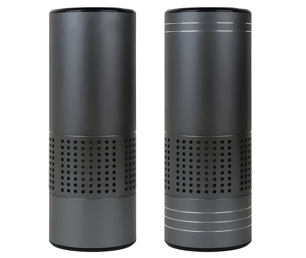 Aluminium alloy car air purifier with display screen, USB cable, suitable for cup holder use.
