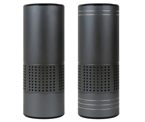 Aluminium alloy car air purifier with display screen, USB cable, suitable for cup holder use.