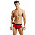 Men's low waist cotton boxer shorts in red, dark blue, and light grey colours.