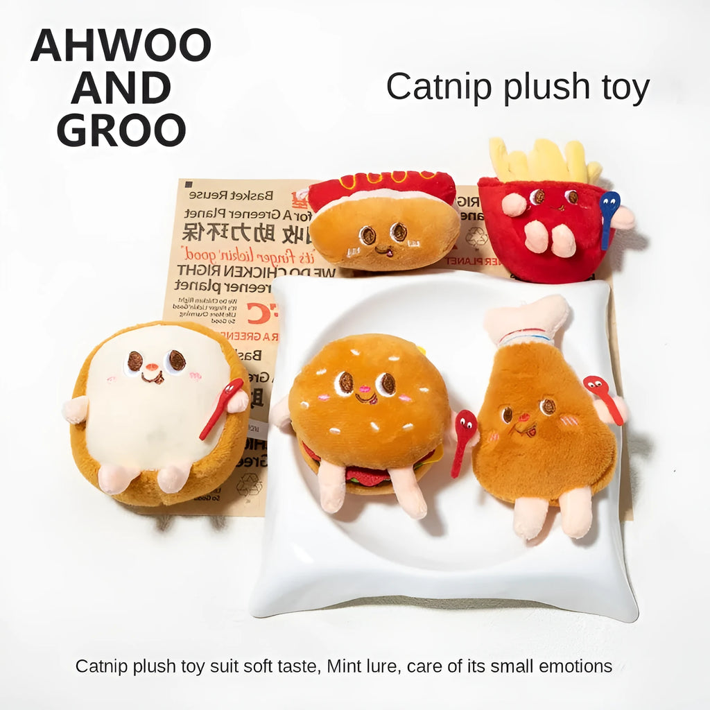 Set of five soft cat chewing toys shaped like bread, chicken legs, fries, a hamburger, and a hot dog.