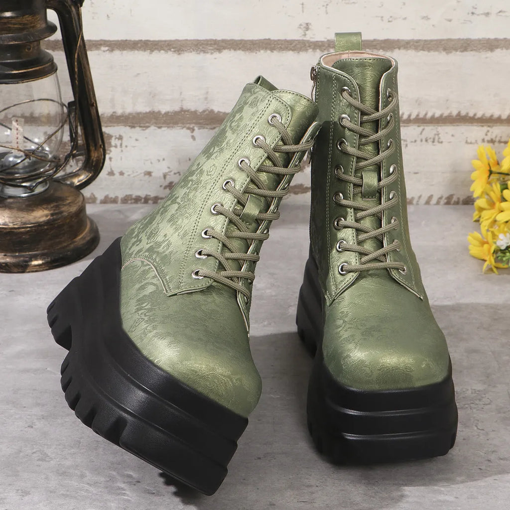 Women's retro platform boots with patchwork design, chunky mid heel, and side zipper in black, white, or green