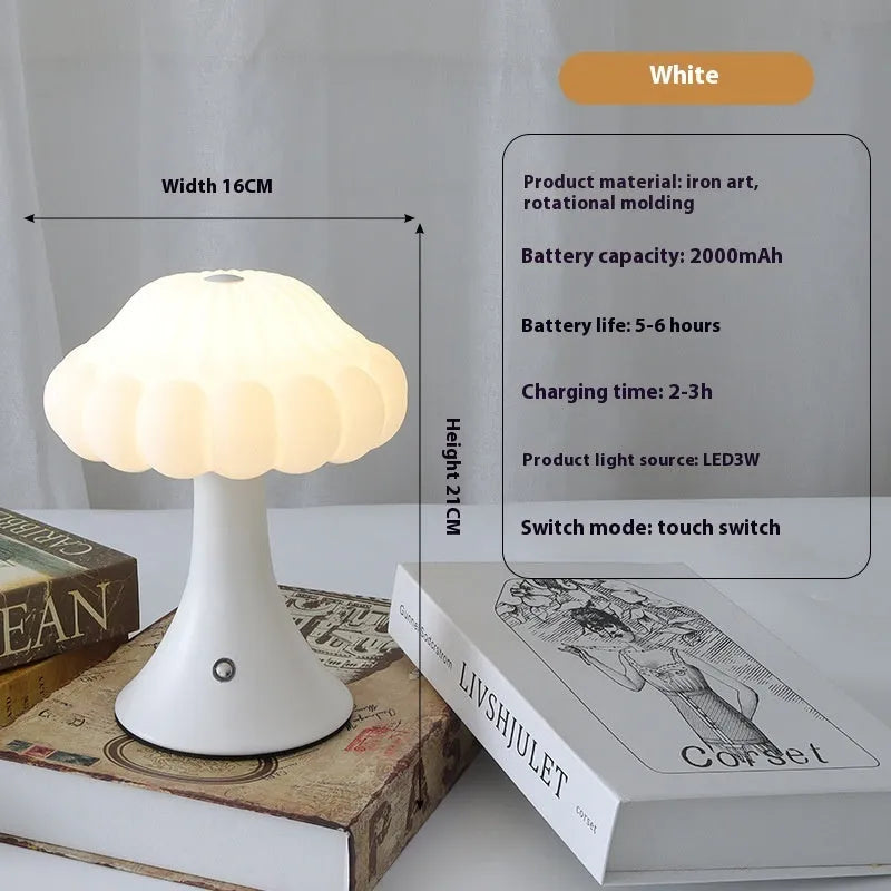 Mushroom-shaped USB rechargeable night lamp with touch control in wood grain finish