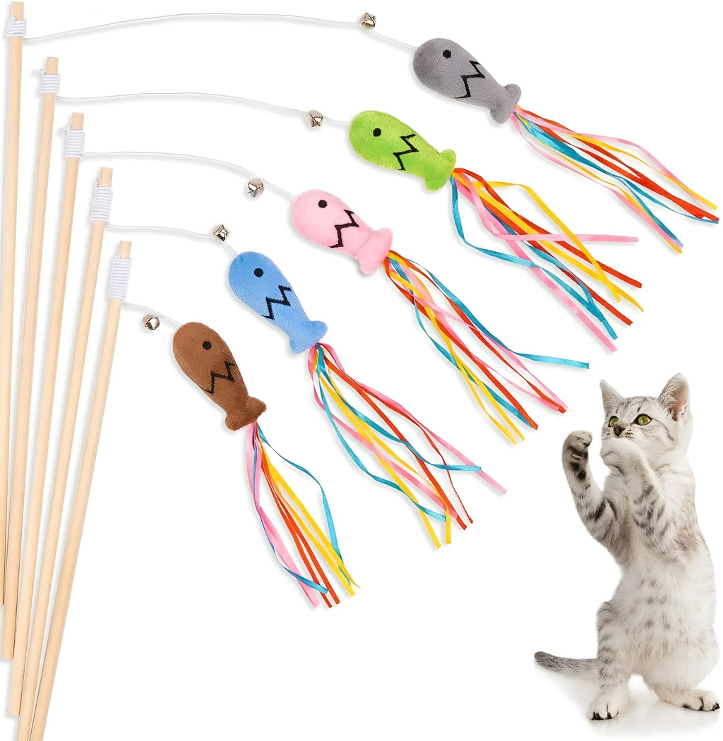 Cat wand toy with wooden handle, colourful ribbons, catnip fish and bell for indoor cats
