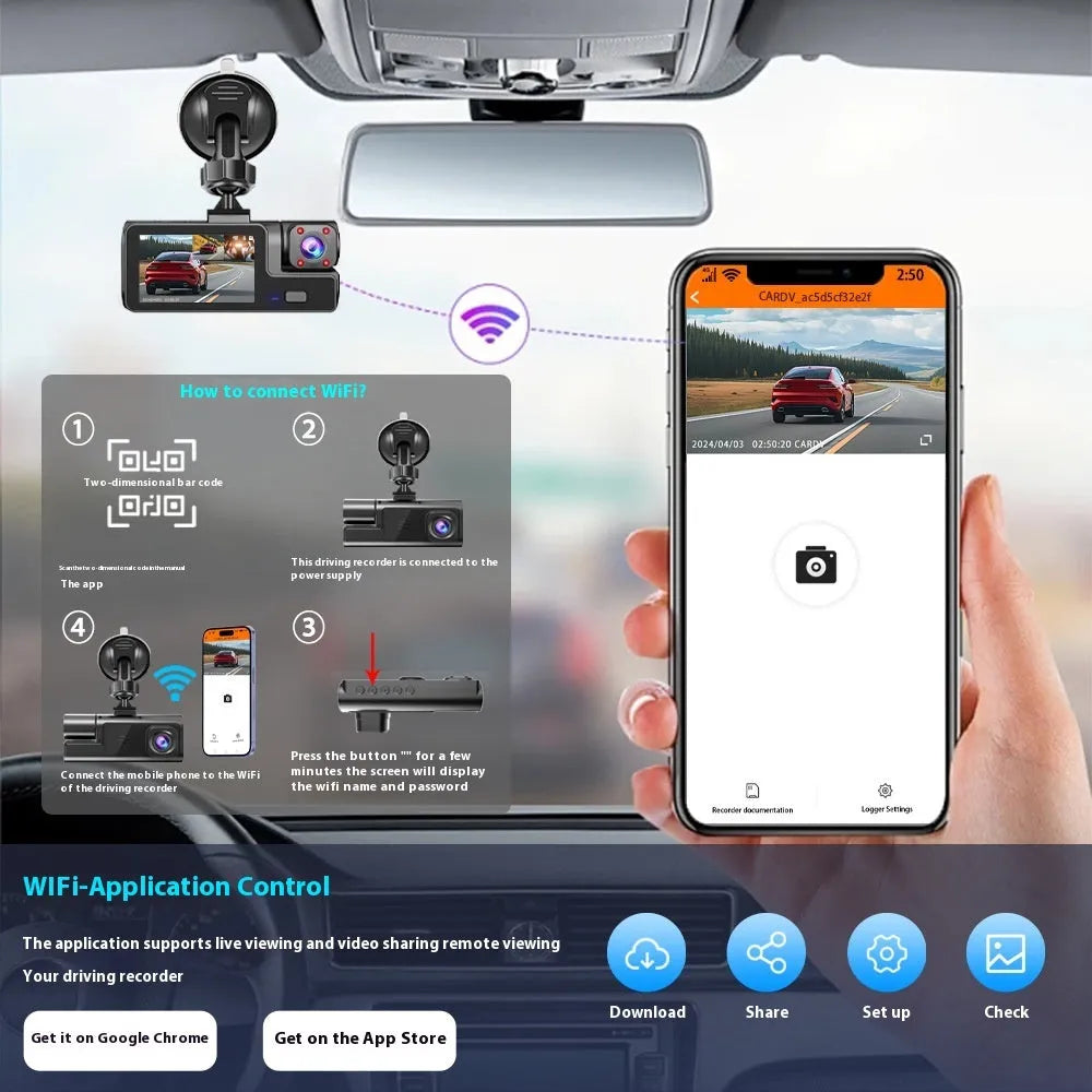 WiFi-connected driving recorder with 2.0-inch screen showing front and rear camera views