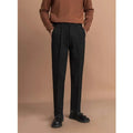 Men's straight leg polyester trousers in black on a hanger, business casual style
