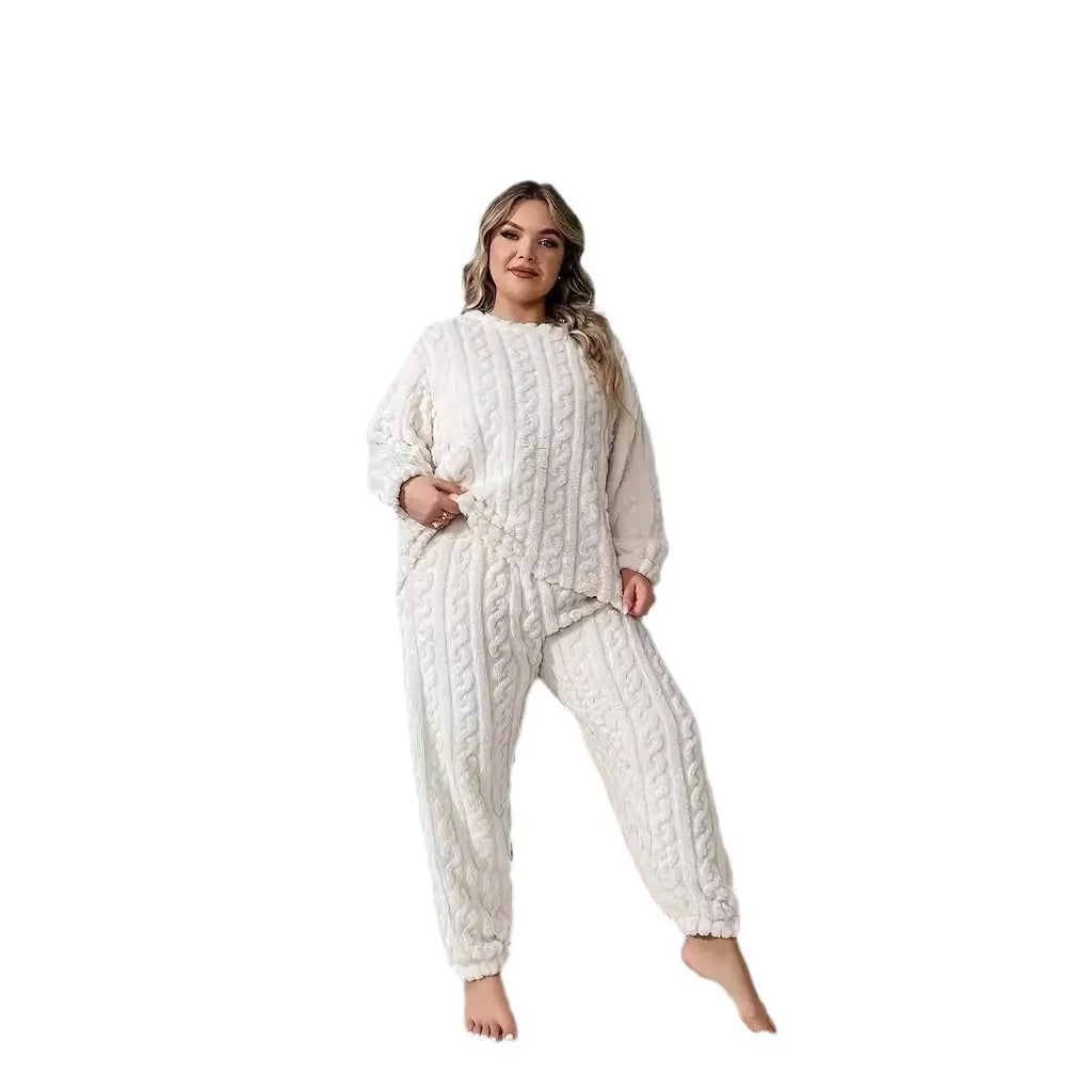 Women's creamy white plush polyester long-sleeve two-piece lounge set with crew neck top and trousers
