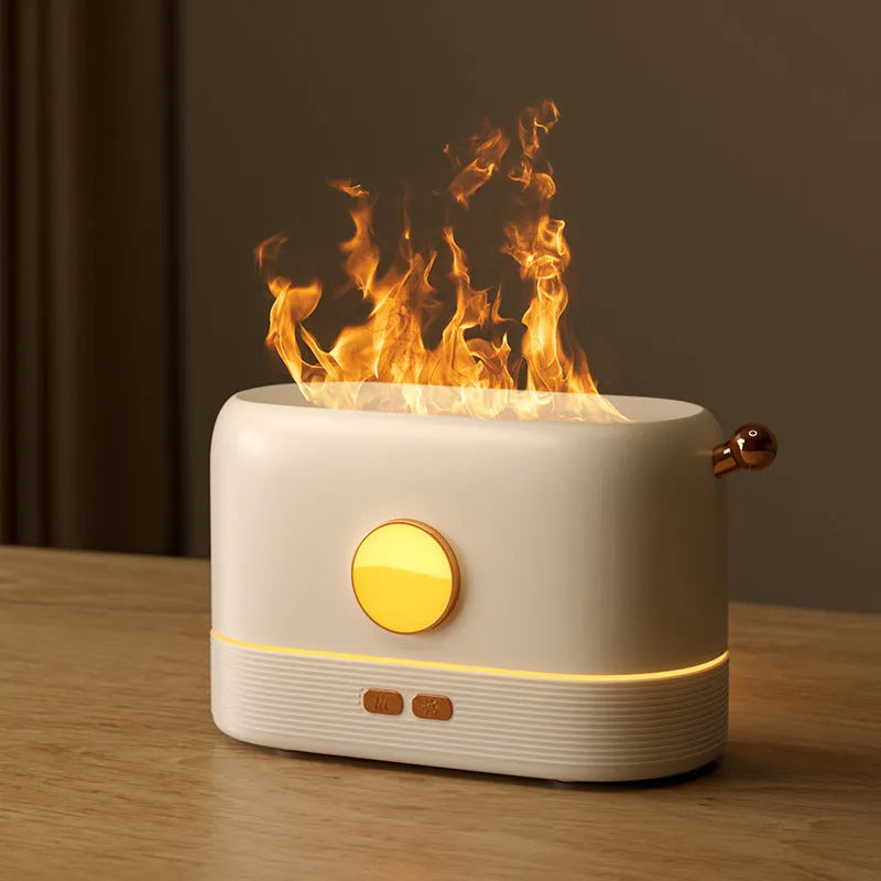 Black USB desktop humidifier diffuser with simulation flame effect and 200ml water tank.
