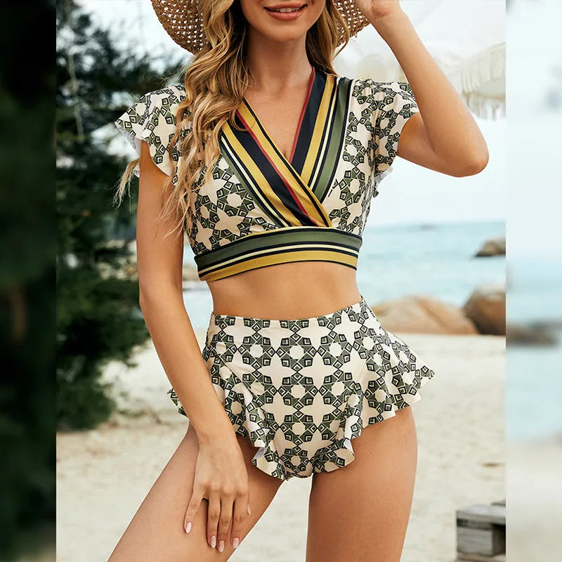 Green flounced backless lace-up V-neck split bikini swimsuit suit on model with polyester and spandex construction