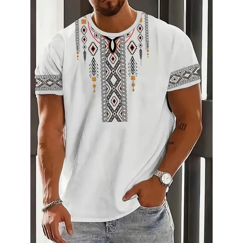 Men's loose fit short-sleeved T-shirt with digital 3D printed striped pattern in polyester fabric