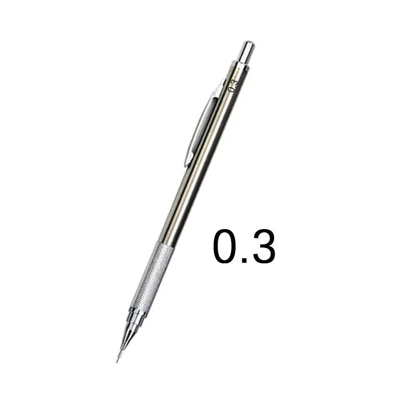 Metal automatic mechanical pencil showing barrel detail and lead size options from 0.5mm to 2.0mm