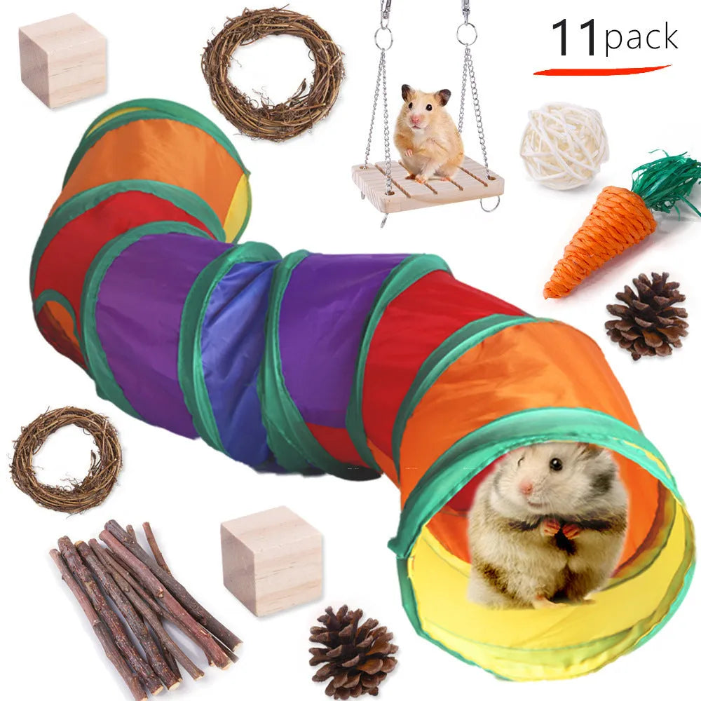 Natural wooden chewing toy set for small animals including straw mats, woven balls and plant-based components