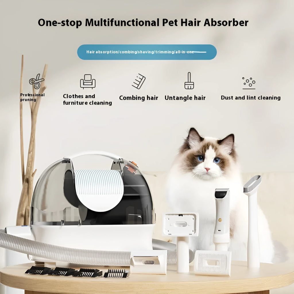 White and pink multifunctional pet grooming vacuum cleaner with clipper attachments on a table.