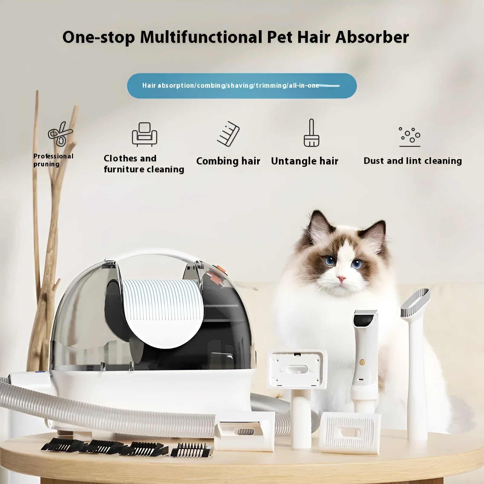 White and pink multifunctional pet grooming vacuum cleaner with clipper attachments on a table.