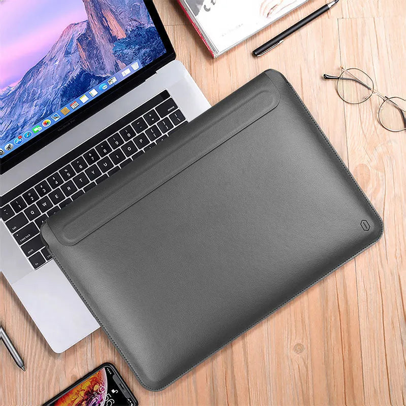 PU leather notebook liner protective case in dark blue with soft handle and hook-and-loop closure, size for 13.3 inch laptop
