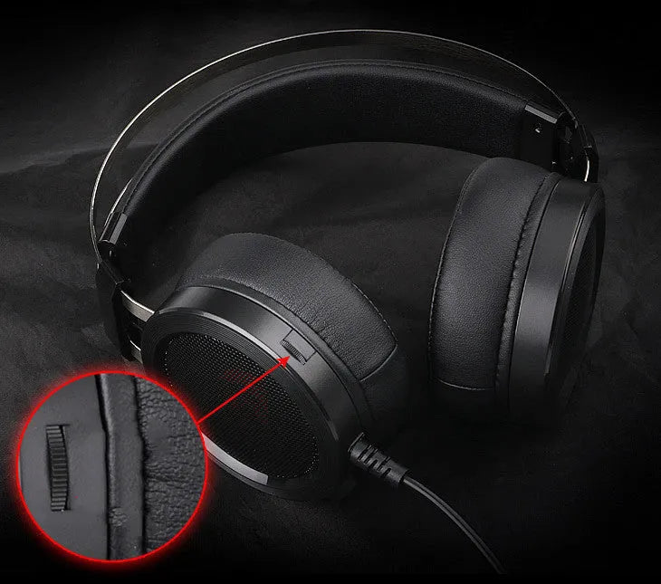 Black wired computer gaming headset with 3.5mm audio jack and cable