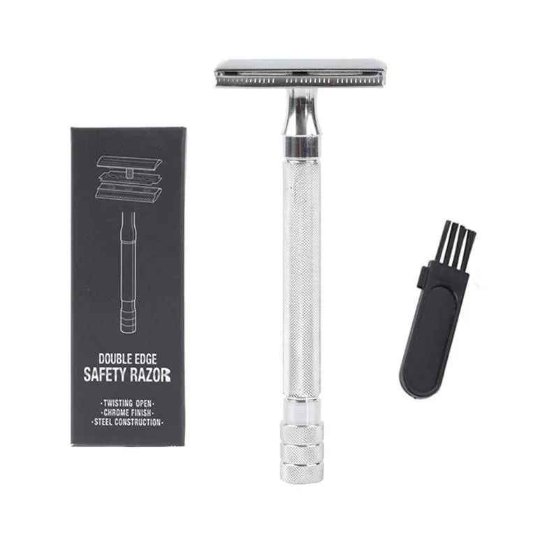 Traditional manual safety razor and shaving brush set in chrome metal finish