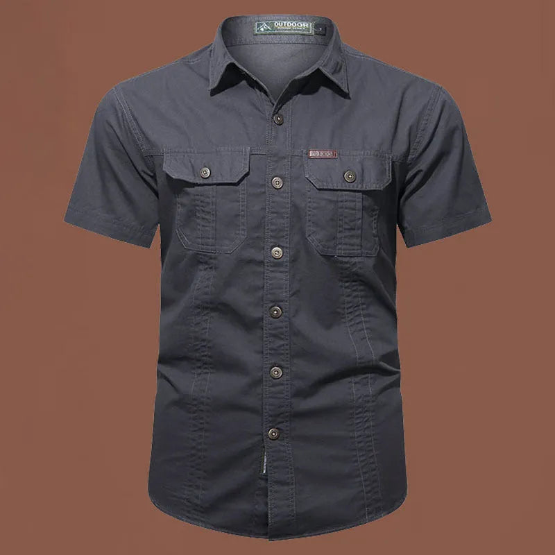 Men's short sleeve cotton work shirt in loose fit available in army green, beige, black, dark blue and other colours