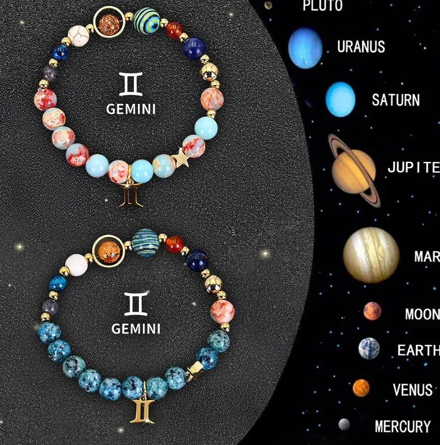 Set of twelve natural stone beaded bracelets laid out, each with a different design representing a zodiac sign.