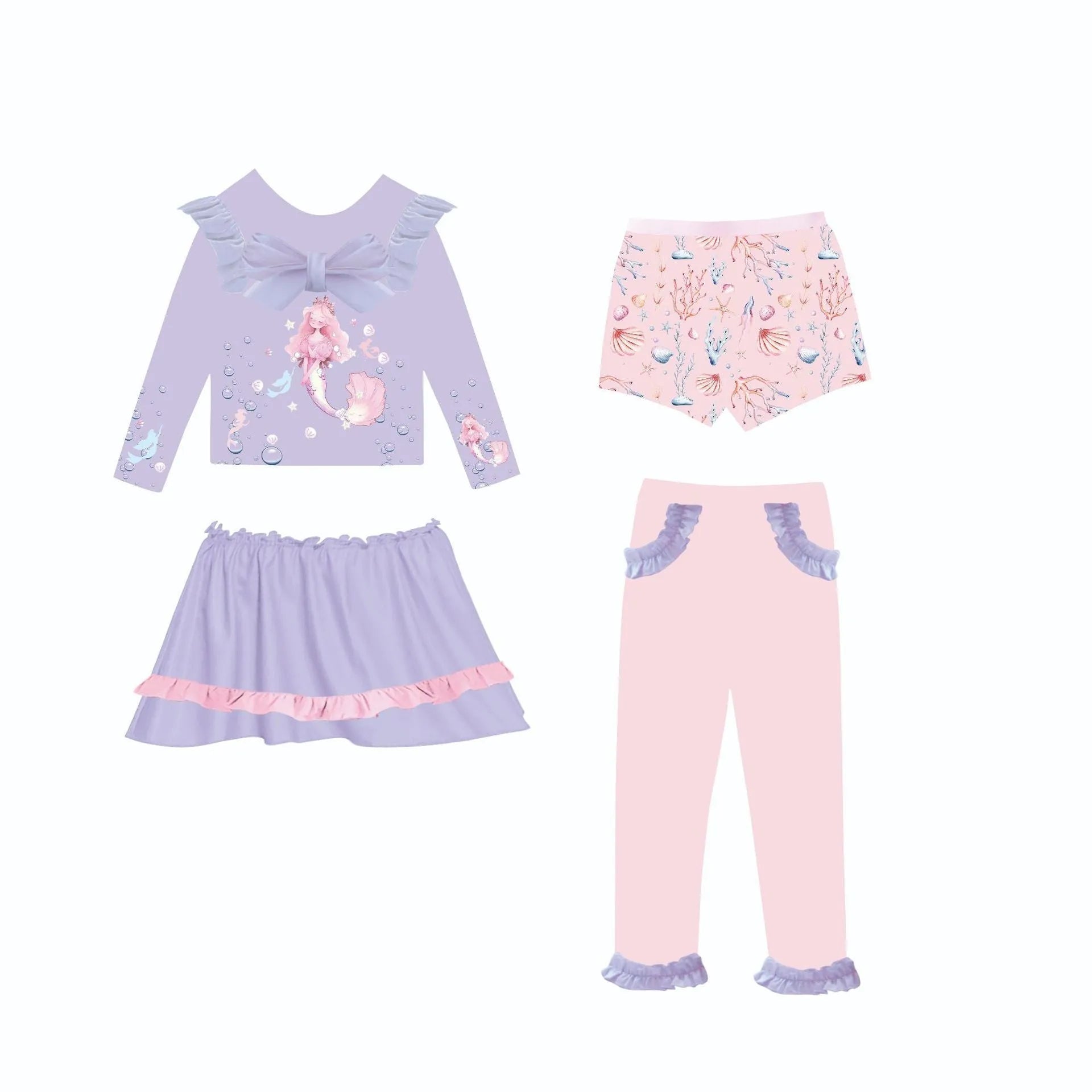 Girls' gilded mermaid swimsuit set with matching skirt and trousers in four colour options