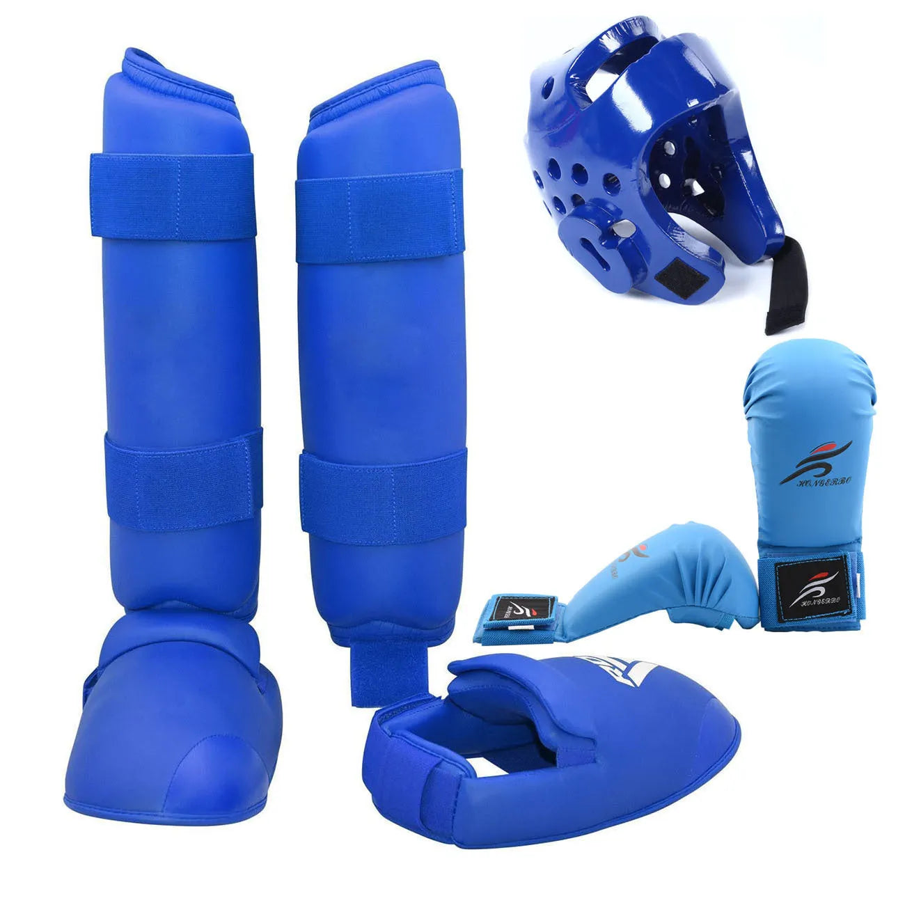 Karate taekwondo protective gear set with leg guards, helmet and boxing gloves in red or blue colours