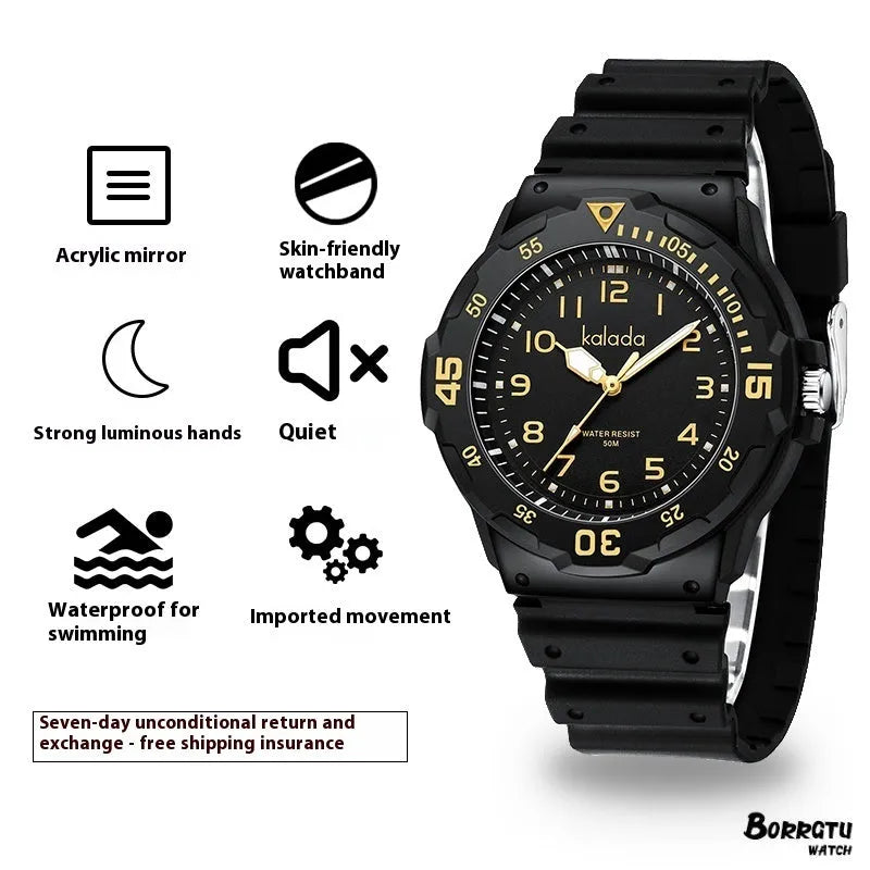 Men's sports luminous pointer quartz watch with black dial and sports bracelet