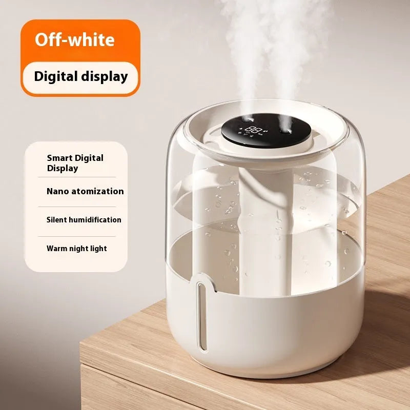 Beige round USB humidifier with dual spray outlets, display screen, and night light.