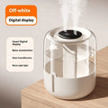Beige round USB humidifier with dual spray outlets, display screen, and night light.