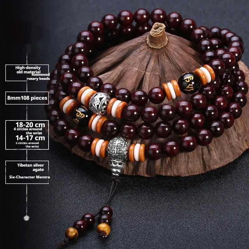 Men's rosewood bracelet with 108 beads showing lapis lazuli stone design option