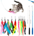 Cat teasing pole toy set showing two handheld fishing rod wands and assorted feather replacement heads.