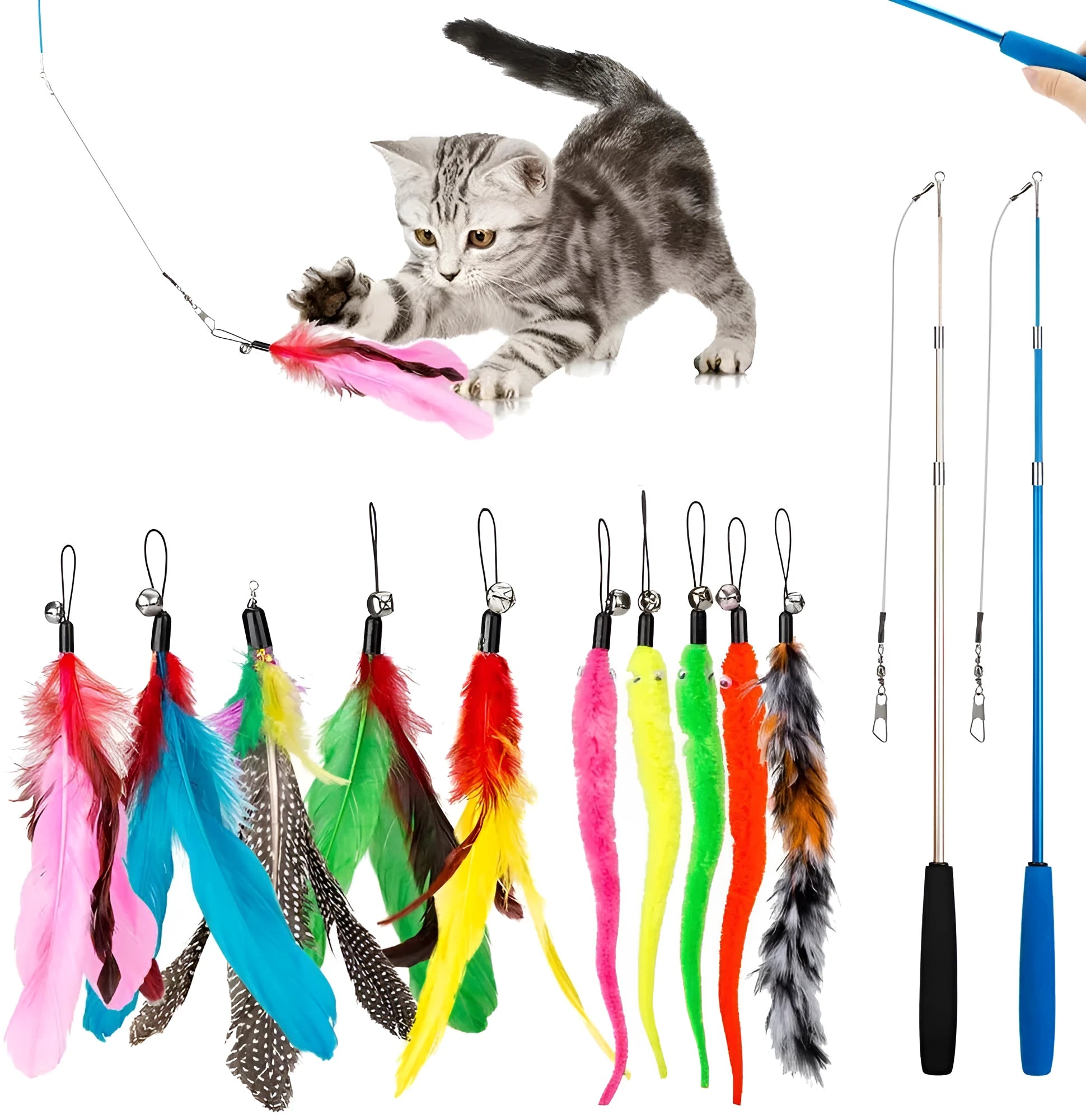 Cat teasing pole toy set showing two handheld fishing rod wands and assorted feather replacement heads.